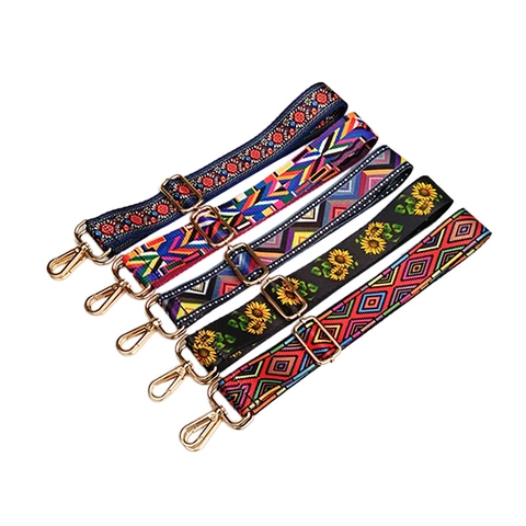 Wide Replacement Shoulder Strap Adjustable Ethnic Bohemian Patterned Polyester Crossbody Bag Belt Metal Buckles