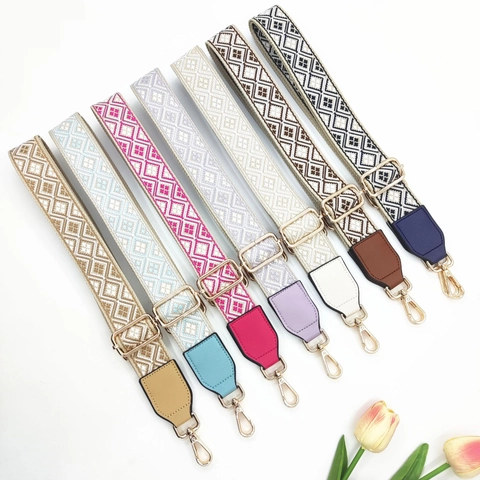 Wide Bag Strap Adjustable Shoulder Replacement Ethnic Bohemian Geometric Jacquard Pattern Polyester PU Leather Metal Buckle