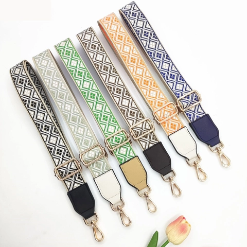 Wide Bag Strap Adjustable Shoulder Replacement Ethnic Bohemian Geometric Jacquard Pattern Polyester PU Leather Metal Buckle