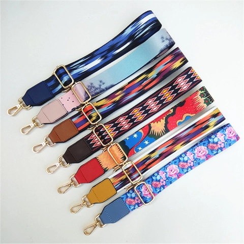 Women Fashion Ethnic Adjustable Bag Strap Replacement Shoulder Crossbody Belt Polyester PU Leather Gold Buckle Accessory