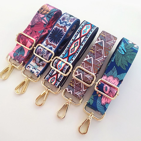 Adjustable Wide Bag Replacement Shoulder Strap Ethnic Floral Geometric Pattern Polyester Webbing Alloy Buckle
