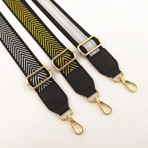 Tracolla Regolabile in Nylon con Ricamo Chevron a Strisce Ricambio per Borsa con Filo Lucido e Fibbia in Metallo Dorato Donna