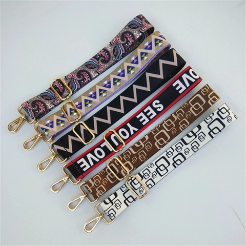Wide Replacement Bag Strap Adjustable Polyester Webbing Crossbody Shoulder Belt Ethnic Boho Paisley Geometric Metal Buckle