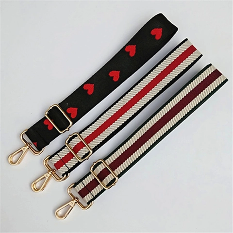 Adjustable Wide Shoulder Strap Replacement Polyester Cotton Webbing Bag Strap Metal Swivel Hooks Heart Embroidery Stripe