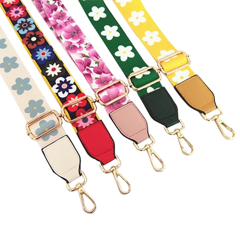 Floral Print Shoulder Strap Wide Adjustable Replacement Webbing For Crossbody Handbags With Metallic Hardware