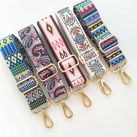 Ethnic Bohemian Wide Bag Strap Adjustable Polyester Fabric Replacement Belt With Metal Hooks Geometric Paisley Pattern