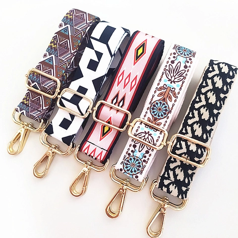 Ethnic Bohemian Wide Bag Strap Adjustable Polyester Fabric Replacement Belt With Metal Hooks Geometric Paisley Pattern