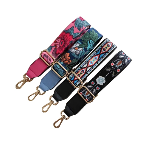 Wide Adjustable Bag Strap Nylon Webbing PU Leather Colorful Floral Ethnic Style Replacement For Crossbody Handbags