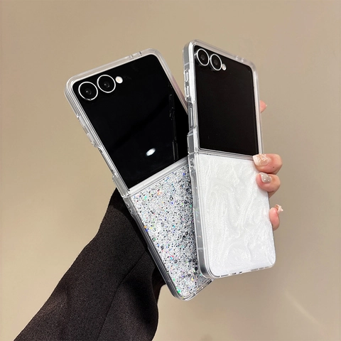 Foldable Phone Case Glitter Sequins Marble Pattern Transparent Frame Shockproof Protective Shell Fashionable Accessory