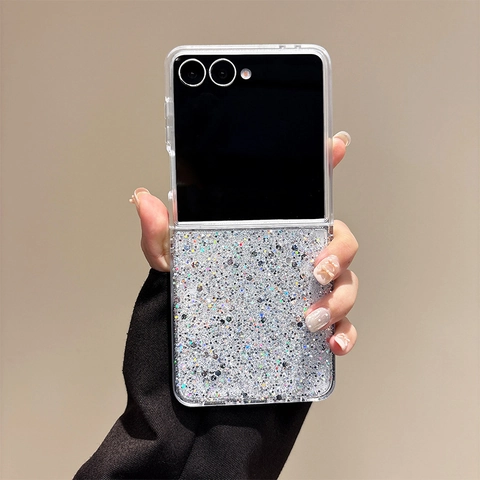 Foldable Phone Case Glitter Sequins Marble Pattern Transparent Frame Shockproof Protective Shell Fashionable Accessory