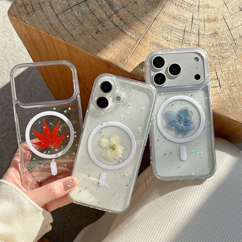 Magnetic Phone Case With Real Dried Flowers Glitter Sparkle For iPhone 17 16 15 14 13 Pro Max Aesthetic Clear TPU Cover