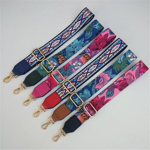 Adjustable Wide Bag Strap Floral Pattern Replacement With Synthetic Leather And Gold Metal Clasp Bohemian Style Women