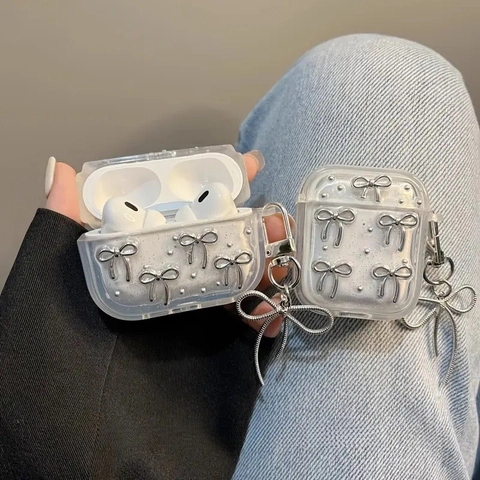 Transparente Glitzer Kopfhörer Hülle Für Kabellose Ohrhörer Mit Silbernen Schleifen Und Metallanhänger Trendiger Stil