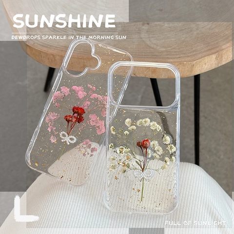 Klare Handyhülle Mit Echten Trockenblumen Goldfolie Und Künstliche Perlenschleife Dekor Frische Handgemachte Florale Schutzhülle