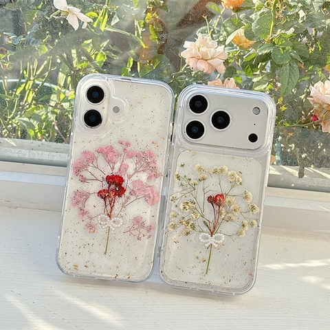 Klare Handyhülle Mit Echten Trockenblumen Goldfolie Und Künstliche Perlenschleife Dekor Frische Handgemachte Florale Schutzhülle