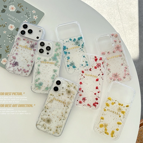 Floral Phone Case Real Dried Flowers Gold Foil Transparent TPU Protective Shockproof Elegant Design Smartphone Cover