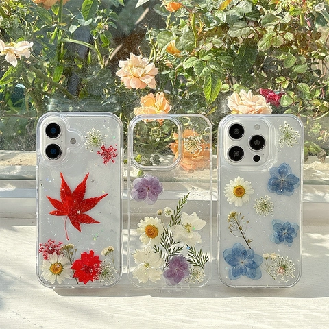 Clear Phone Case With Real Pressed Flowers Glitter Sparkle Transparent TPU Epoxy Resin Protective Cover For Women Girls