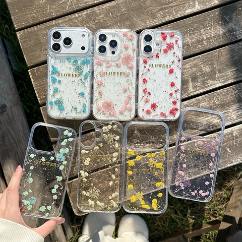 Floral Phone Case Real Dried Flowers Gold Foil Transparent TPU Protective Shockproof Elegant Design Smartphone Cover