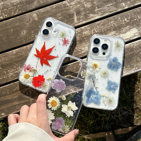 Clear Phone Case With Real Pressed Flowers Glitter Sparkle Transparent TPU Epoxy Resin Protective Cover For Women Girls