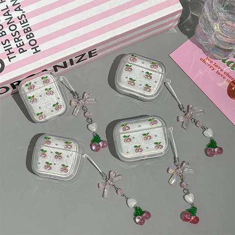Rhinestone Cherry Earphone Case TPU PC Glitter Protective Cover With Bow Pendant For AirPods Pro 1 2 3 4