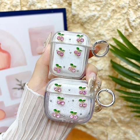 Kabellose Kopfhörer Hülle Transparent TPU Glitzer Rosa Strass Kirsche Silberne Perlen Mit Metall Karabiner