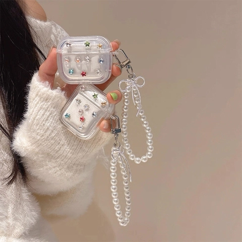 Custodia Per Auricolari Trasparente Con Strass A Stella Cordino Di Künstliche Perle E Fiocco In Metallo Dolce Elegante