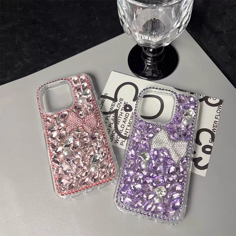 Luxury Rhinestone Smartphone Case Artificial Pearl Bowknot Sparkling Shockproof Protective Cover Fashionable Glamorous Bling