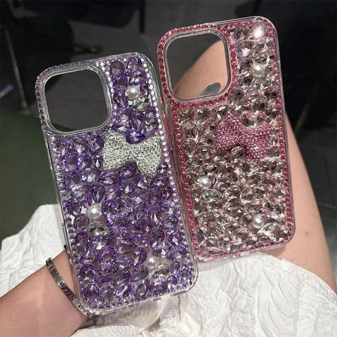 Luxury Rhinestone Smartphone Case Artificial Pearl Bowknot Sparkling Shockproof Protective Cover Fashionable Glamorous Bling