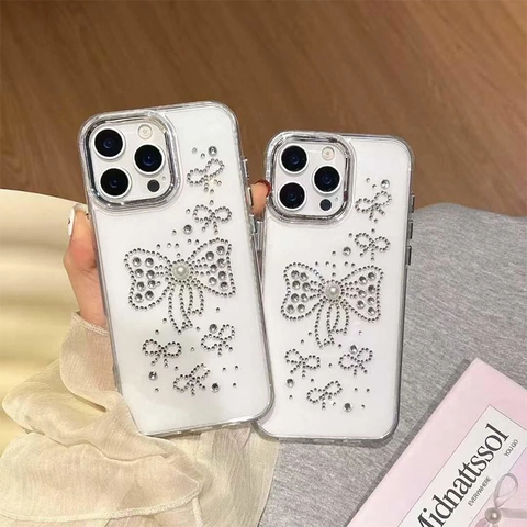Bow Rhinestone Artificial Pearl Transparent Phone Case For iPhone 16 15 14 Pro Max Electroplated TPU Shockproof Cover Elegant