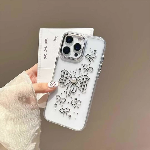 Bow Rhinestone Artificial Pearl Transparent Phone Case For iPhone 16 15 14 Pro Max Electroplated TPU Shockproof Cover Elegant