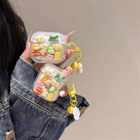 Transparente 3D Essen Kopfhörer Hülle Für AirPods Pro 2 3 4 Glitzer TPU Schutzhülle Mit Spiegelei Glocke Anhänger