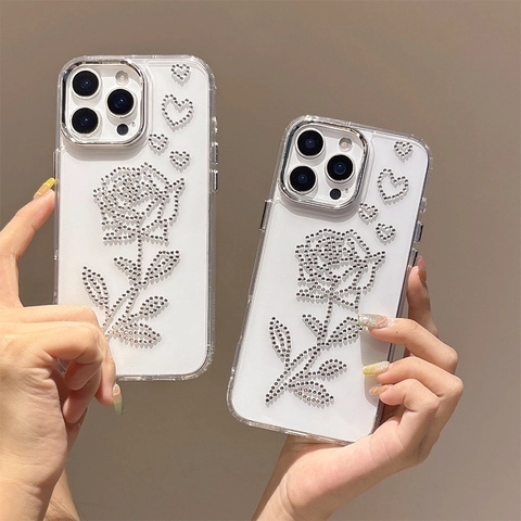 Custodia Per Telefono Con Rosa In Strass TPU Trasparente Antiurto Cornice Galvanizzata Design Di Lusso Per Smartphone