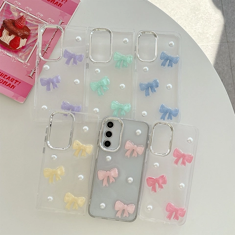 Transparente Smartphone Hülle Mit 3D Glitzer Schleife Und Künstliche Perlen Dekoration Süßer Stil TPU Schutzhülle Für Den Täglichen Gebrauch