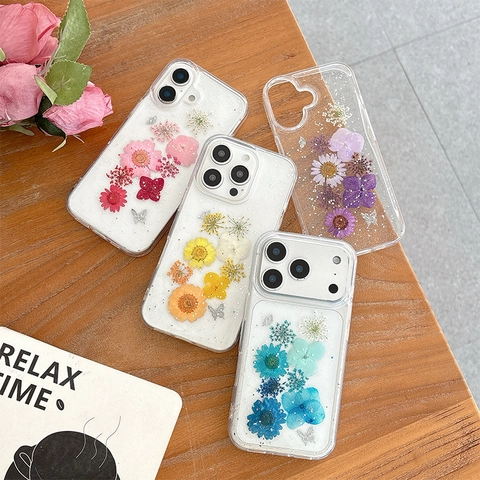 Pressed Dried Flowers Phone Case Clear TPU Cover Glitter Butterfly Floral Shockproof For iPhone 17 16 15 Pro Max
