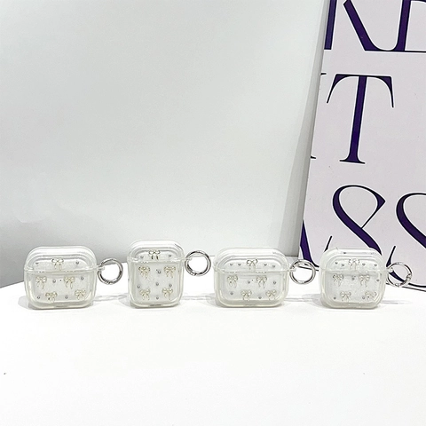 Custodia Per Auricolari In TPU Trasparente Con Fiocco Argento E Glitter Cover Protettiva Alla Moda Con Gancio In Metallo