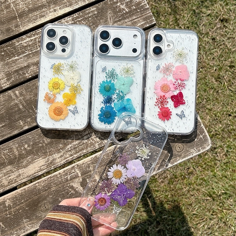 Pressed Dried Flowers Phone Case Clear TPU Cover Glitter Butterfly Floral Shockproof For iPhone 17 16 15 Pro Max