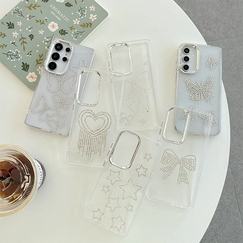 Transparente TPU Handyhülle Strass Schmetterling Herz Stern Schleife Galvanisierter Rahmen Stoßfest Für Damen Mädchen
