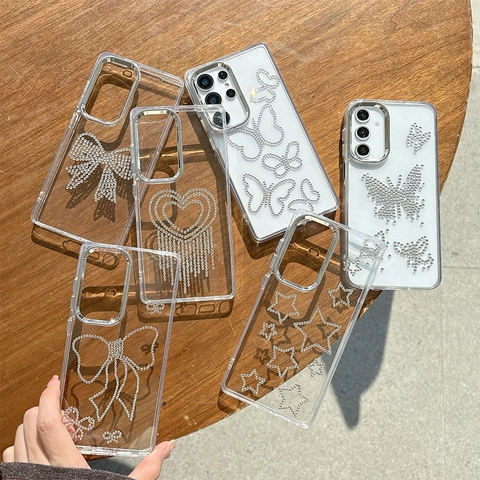 Transparente TPU Handyhülle Strass Schmetterling Herz Stern Schleife Galvanisierter Rahmen Stoßfest Für Damen Mädchen