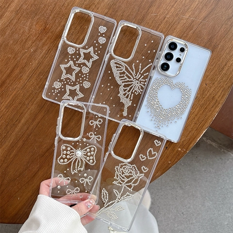 Strass Künstliche Perlen Schmetterling Handyhülle Transparent Stoßfeste Hülle Für S25 S24 Ultra A55 A16 Luxus Handgefertigte Rose