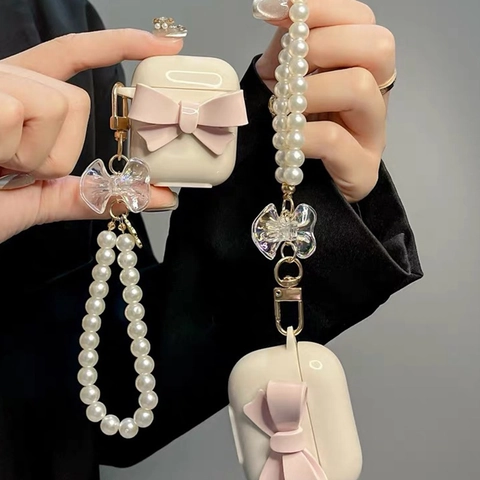 Earphone Case For AirPods Pro With Large Pink 3D Bow And Artificial Pearl Charm Chain Cream Soft TPU Protective Shell Sweet Style