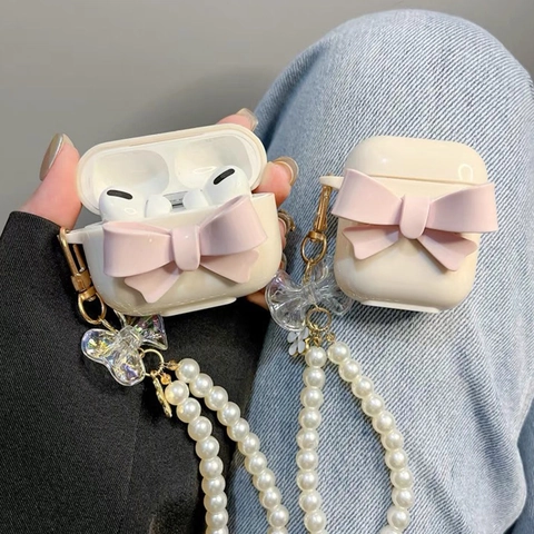 Earphone Case For AirPods Pro With Large Pink 3D Bow And Artificial Pearl Charm Chain Cream Soft TPU Protective Shell Sweet Style