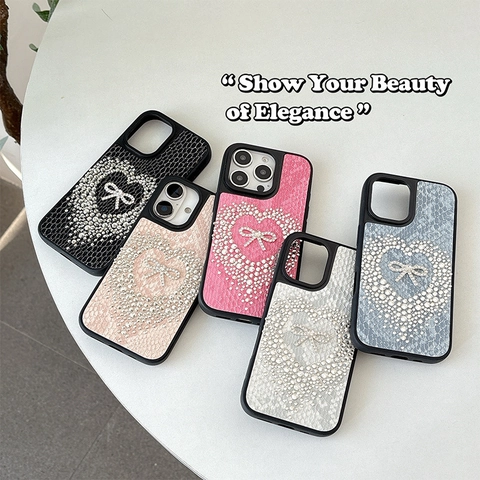 Funda De Teléfono Lujo Cuero PU Patrón Serpiente Diamantes Imitación Corazón Lazo Cubierta Protectora Moda Mujer