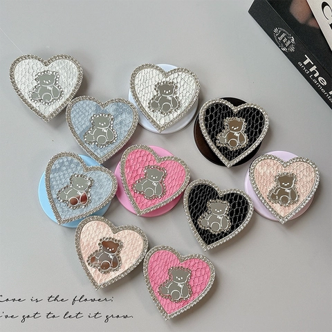 Griptok Per Telefono A Forma Di Cuore Pelle PU Strass Orso Metallico Specchio Supporto Magnetico Estensibile Accessorio Da Scrivania