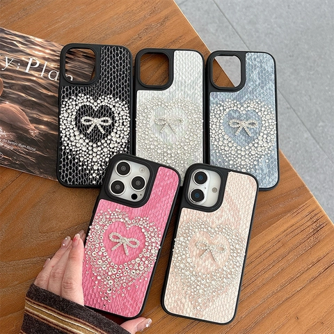 Funda De Teléfono Lujo Cuero PU Patrón Serpiente Diamantes Imitación Corazón Lazo Cubierta Protectora Moda Mujer