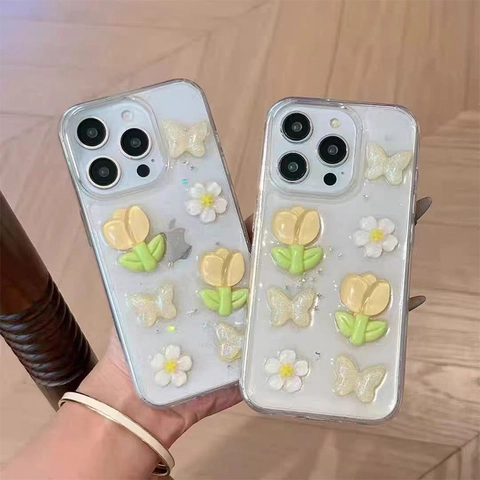 Funda Para Teléfono Transparente TPU Con Flor De Tulipán De Resina 3D Y Mariposa Con Purpurina Cubierta Protectora Antigolpes