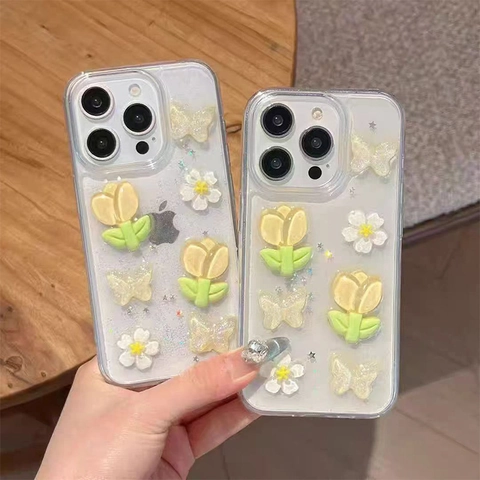 Funda Para Teléfono Transparente TPU Con Flor De Tulipán De Resina 3D Y Mariposa Con Purpurina Cubierta Protectora Antigolpes