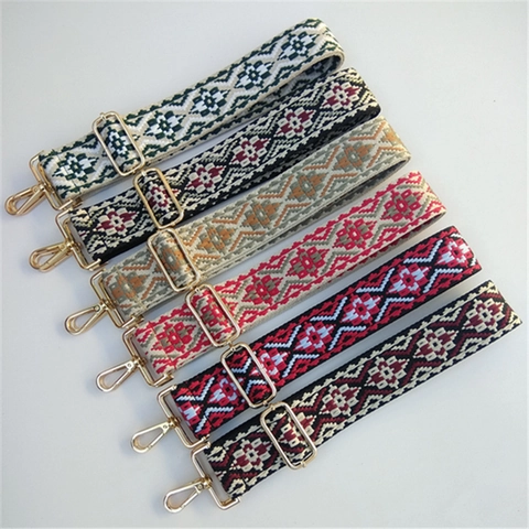 Wide Replacement Bag Strap Ethnic Geometric Woven Adjustable Shoulder Belt For Handbags Crossbody Retro Jacquard Metal Buckles