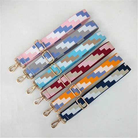 Adjustable Wide Bag Strap Replacement Polyester Webbing Colorful Geometric Pattern Crossbody Shoulder Belt Metal Buckles