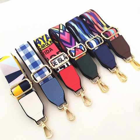 Wide Bag Strap Replacement Adjustable Ethnic Geometric Floral Print Cotton Polyester Gold Metal Buckles Leather Ends
