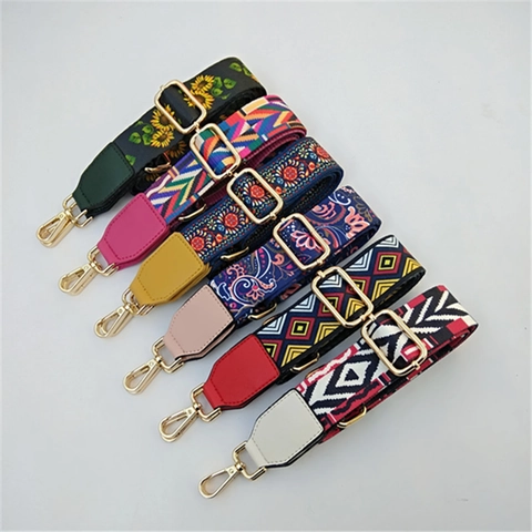Adjustable Wide Bag Strap Polyester Cotton Ethnic Floral Pattern Replacement Shoulder Crossbody Strap Gold Metal Buckle